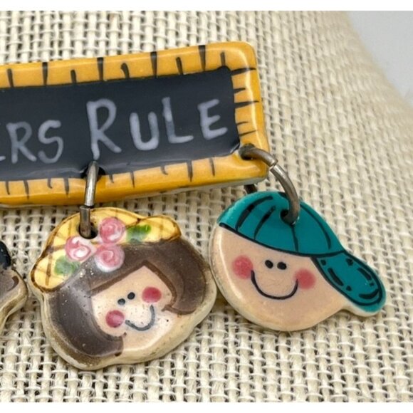 Vintage Teachers Rule Brooch Ruler Pin with Four Dangling Student Faces - Picture 5 of 7